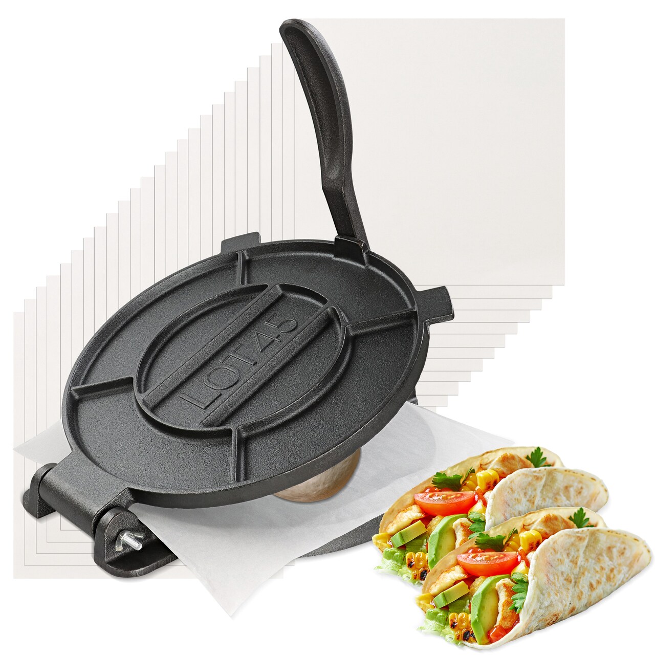 Lot45 Cast Iron Tortilla Press - Masa Corn Tortillas Maker with Paper Sheets